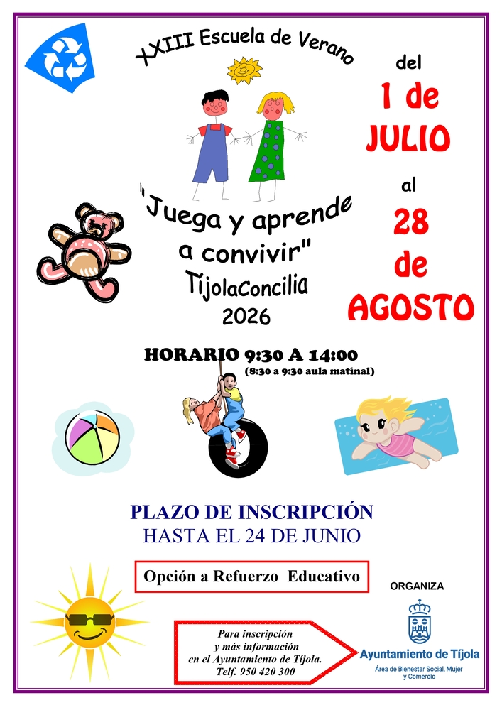 Imagen del Cartel de la Escuela de Verano 2026. Imágenes de dibujos infantiles de fondo.
